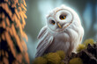 Portrait of a beautiful horned white owl on a tree