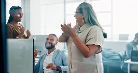 Aufkleber - Business people, high five with support and applause for success in the workplace, team at desk with computer. Win, collaboration and employee group celebrate bonus or deal with target goal in office