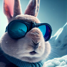 Cool Bunny In Ski Goggles Rides A Snowboard. Illustration Generative AI