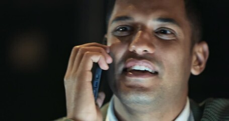 Poster - Phone call, night and business man with smile in communication, networking or employee conversation. International, global and corporate worker talking on cellphone for late mobile chat or discussion