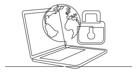 Poster - one line drawing of laptop computer with earth globe and lock as business concept of global syber se