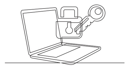 Poster - one line drawing of laptop computer with lock and key as business concept of cyber security - PNG image with transparent background