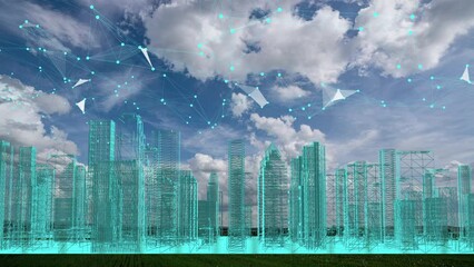 Poster - Beautiful Hologram of Growing Abstract Buildings in Cyberspace. Futuristic Technology Digital Urban Development. Business and Technology Concept. 4K Ultra HD 4096x2304 3d animation.
