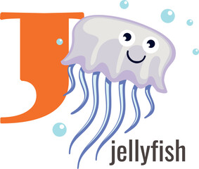 Sticker - J letter with jellyfish. English vocabulary card