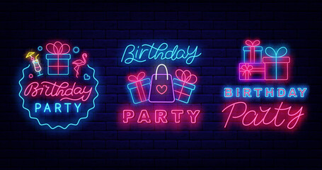 Wall Mural - Birthday party neon badges collection. Anniversary celebration. Holiday event with gift boxes. Vector illustration