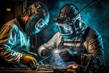 Workers In Automotive Industry Are Engaged In Welding Car Parts
