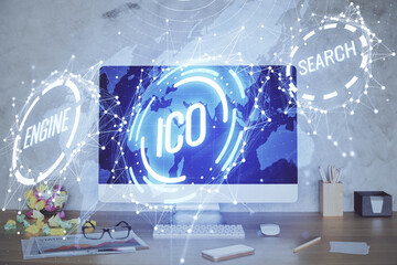 Poster - Double exposure of blockchain and crypto economy theme hologram and table with computer background. Concept of bitcoin cryptocurrency.