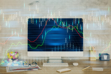Poster - Forex graph hologram on table with computer background. Double exposure. Concept of financial markets.