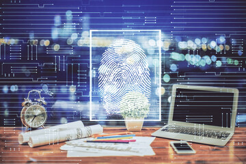Aufkleber - Computer on desktop in office with finger print drawing. Double exposure. Concept of business data security.