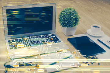 Poster - Double exposure of table with computer on background and data theme drawing. Concept of innovation.