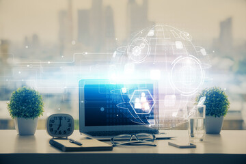 Poster - Computer on desktop with social network hologram. Double exposure. Concept of international people connections.