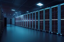 Server Racks In Computer Network Security Server Room Data Center. 3D Render Dark Blue. Generative AI.