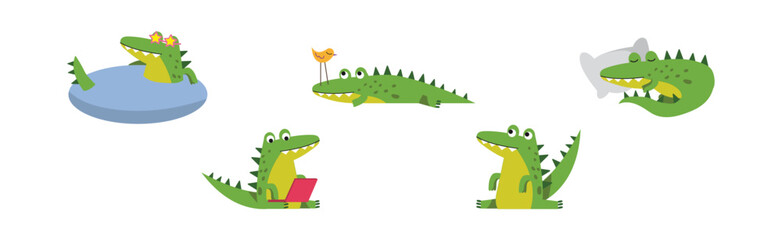 Canvas Print - Crocodile Cute Green Character In Different Pose and Activity Vector Set