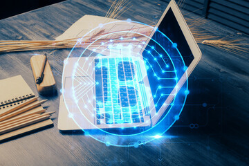 Poster - Double exposure of blockchain and crypto economy theme hologram and table with computer background. Concept of bitcoin cryptocurrency.