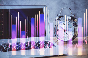 Poster - Financial graph colorful drawing and table with computer on background. Double exposure. Concept of international markets.