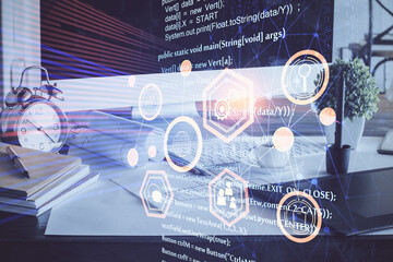 Poster - Double exposure of desktop with computer on background and tech theme drawing. Concept of big data.