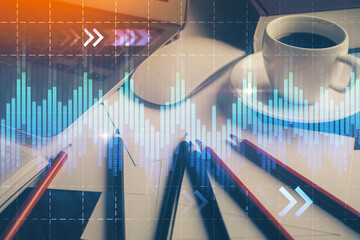 Poster - Double exposure of forex chart and work space with computer. Concept of international online trading.