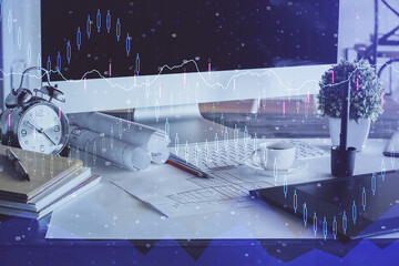 Aufkleber - Financial graph colorful drawing and table with computer on background. Double exposure. Concept of international markets.