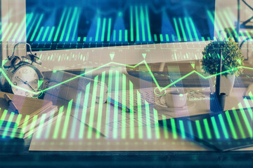 Poster - Double exposure of desktop with computer on background and tech theme drawing. Concept of big data.