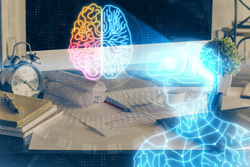 Poster - Computer on desktop with AR theme icon. Multi exposure. Concept of augmented reality.
