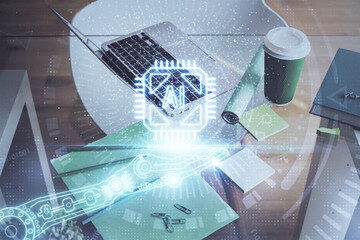 Poster - Double exposure of desktop with personal computer on background and tech theme drawing. Concept of data analysis.