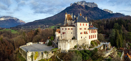 Canvas Print - Most beautiful medieval castles of France - fairytale Menthon located near lake Annecy. aerial view