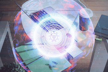 Poster - Computer on desktop in office with technology theme hologram. Double exposure. Tech concept.
