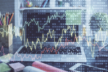Poster - Financial graph colorful drawing and table with computer on background. Double exposure. Concept of international markets.