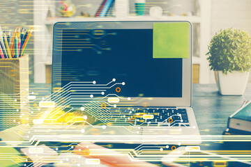 Poster - Double exposure of desktop with personal computer on background and tech theme drawing. Concept of data analysis.