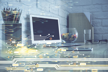 Aufkleber - Double exposure of desktop with personal computer on background and tech theme drawing. Concept of data analysis.