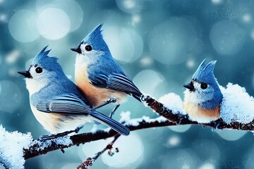 Three winter snowbirds on a snowy branch, Generative AI