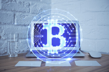 Poster - Multi exposure of blockchain and crypto economy theme hologram and table with computer background. Concept of bitcoin cryptocurrency.