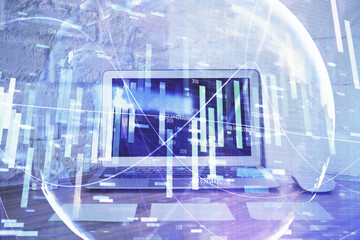 Aufkleber - Double exposure of business theme icons and work space with computer background. Concept of success.