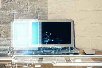 Poster - Double exposure of desktop with personal computer on background and tech theme drawing. Concept of Bigdata.