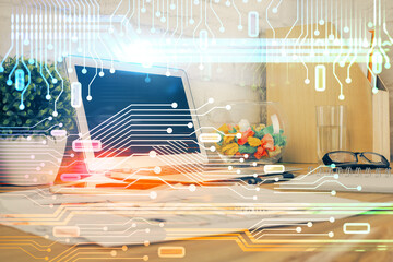 Aufkleber - Multi exposure of desktop with personal computer and tech theme drawing. Concept of Bigdata.
