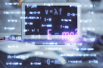Poster - Desktop computer background and formula hologram writing. Double exposure. Education concept.