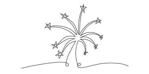 Firework continuous single line. Vector stock illustration isolated on white background for design template invitation, banner, photo album, book. Editable stroke. 