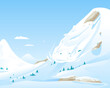 Snow avalanche slides down in high mountain, natural hazard illustration background, danger in mountains concept