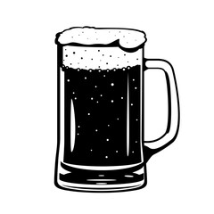 Full beer glass mug with handle and high foam in front view black and white isolated illustration