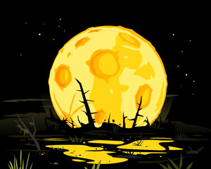 Wall Mural - full moon cartoon in night sky with reflection in terrible dark swamp, dark wild swamp landscape in 