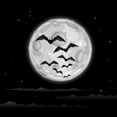 Wall Mural - night sky with flying bats flock silhouettes on the gray full moon, halloween template illustration