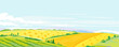 Wheat ffields with haystacks on light blue sky, summer countryside with yellow hills, harvesting grain crops rural landscape, travel concept illustration, simple colors stylization