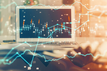 Poster - Financial graph colorful drawing and table with computer on background. Double exposure. Concept of international markets.