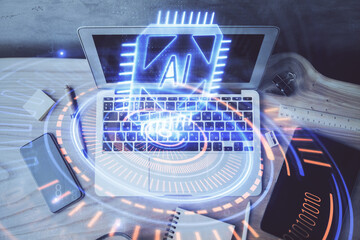 Poster - Double exposure of desktop computer and technology theme hologram. Concept of software development.