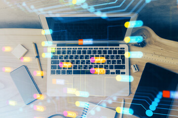 Poster - Double exposure of desktop computer and technology theme hologram. Concept of software development.