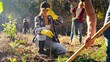 © ihorvsn - Young happy Caucasian woman bringing seedling of tree and man digging hole in ground to plant it. Couple of volunteers planting trees in garden as eco activists. Enviroronment.