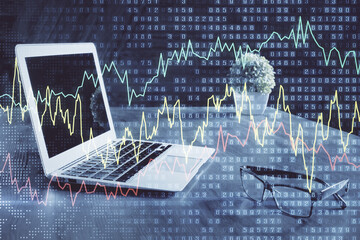 Poster - Financial graph colorful drawing and table with computer on background. Double exposure. Concept of international markets.