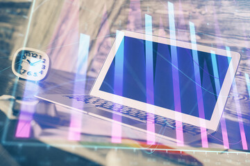 Poster - Double exposure of forex chart and work space with computer. Concept of international online trading.