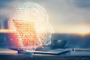 Poster - Multi exposure of work space with computer and human brain hologram. Brainstorm concept.