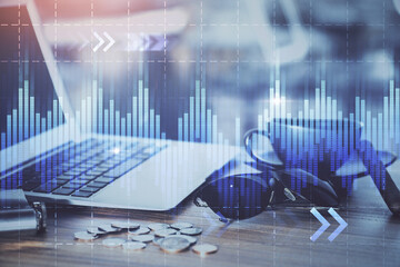 Aufkleber - Financial graph colorful drawing and table with computer on background. Double exposure. Concept of international markets.